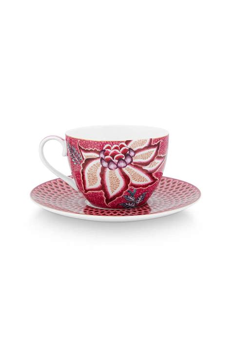 Pip Studio Flower Festival Cappuccino Tasse Undertasse Dunkelrosa