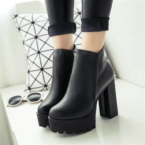 Women Winter Boots Black Platform Lace Up Thick High Heels Punk Shoes