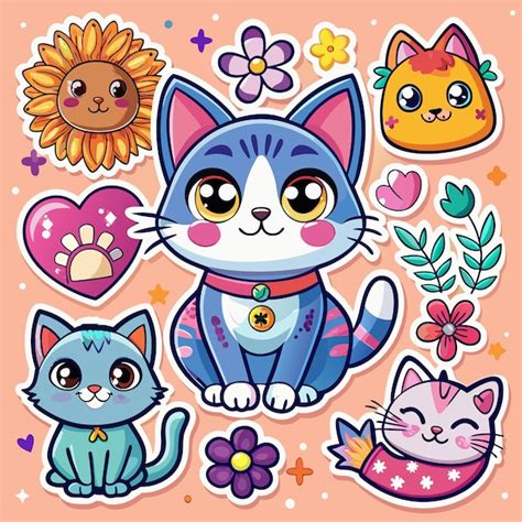 Cute Cartoon Cat Sticker Set With Flowers Hearts And Leaves Premium