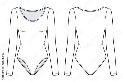 Women`s Bodysuit Fashion Flat Technical Drawing Template Long Sleeve