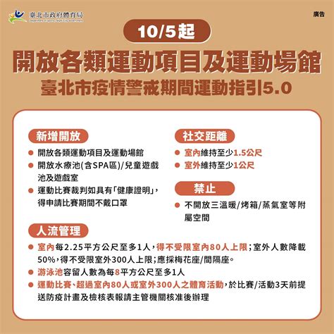 臺北市政府體育局中文官網 新聞稿及採訪通知 北市調整運動指引 有條件開放各類運動項目及場館