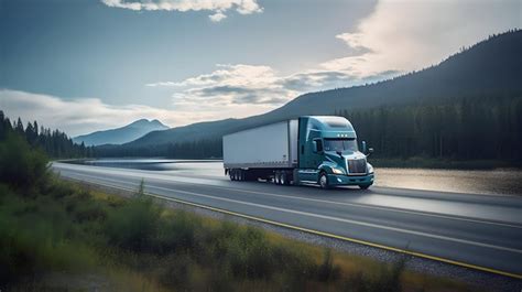 Premium Photo | Big white semi truck driving on a road near lake Semi ...