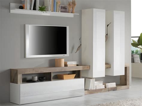 Mur Tv Avec Rangements Coloris Blanc Laqu Et Naturel Sefro