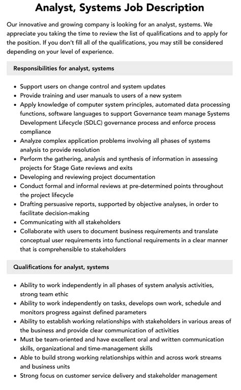 Analyst Systems Job Description Velvet Jobs