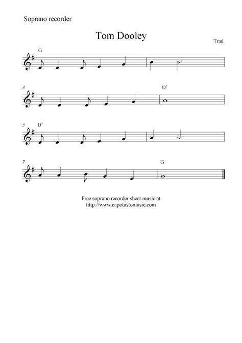 Tom Dooley, free soprano recorder sheet music notes