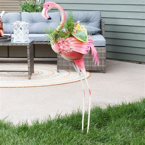 Sunnydaze Pink Flamingo Statue With Flowerpot Outdoor Metal Yard Art Lawn And Garden Decor