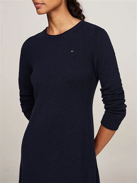 Robe Pull Courte En Pure Laine Bleu Tommy Hilfiger