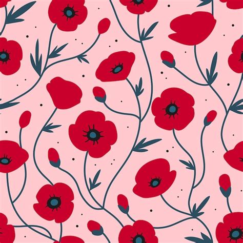 Premium Vector Poppy Seamless Pattern Red Poppies On Pink Background