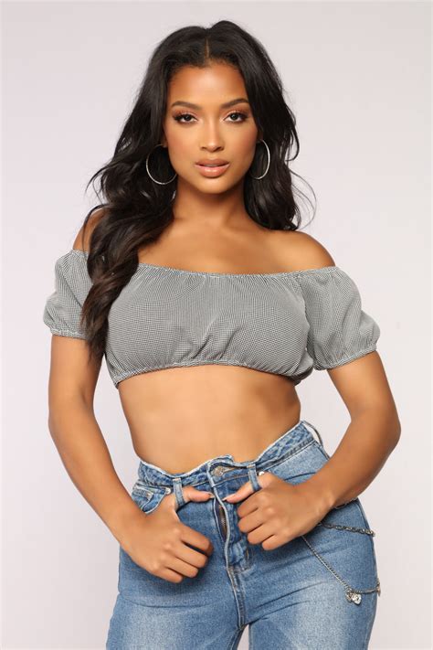 Jhene Off Shoulder Crop Top Black Combo Fashion Nova Knit Tops Fashion Nova