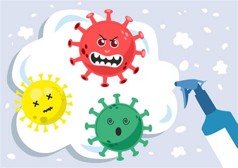 Spraying alcohol to prevent and stop infection of coronavirus. Cartoon coronavirus or monkey pox ...