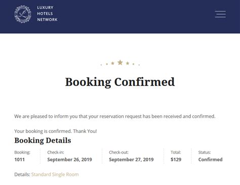 Hotel Booking Confirmation Email Template Free