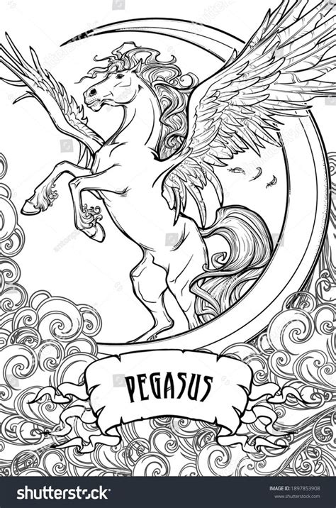 Pegasus Greek Mythological Creature Among Clouds Stockvector