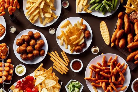 Overhead Shot Of Football Game Day Tailgate Party Food And Snacks With