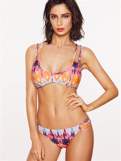 Multicolor Printed Cross Back Bikini Set SheIn Sheinside