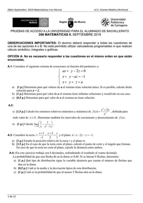 EBAU Matemáticas Murcia Exámenes y Soluciones 2024