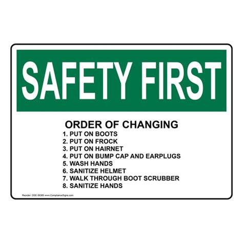 OSHA Sign SAFETY FIRST Order Of Changing 1 Put On Boots 2 Put