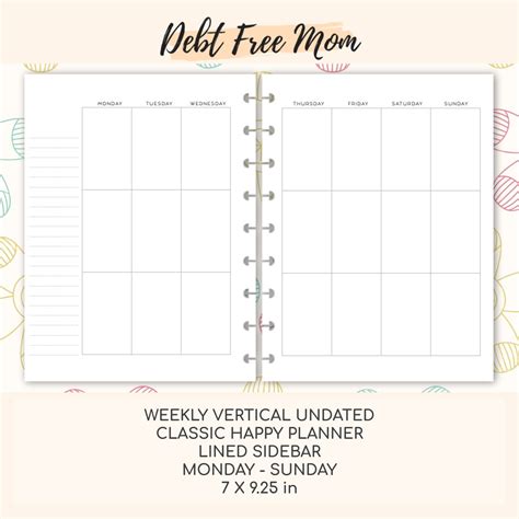 Classic Happy Planner Weekly Vertical Undated Printable Inserts Lined Sidebar Monday Start Etsy