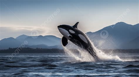 Orca Orcas Leaping In The Ocean With Mountains In The Background A