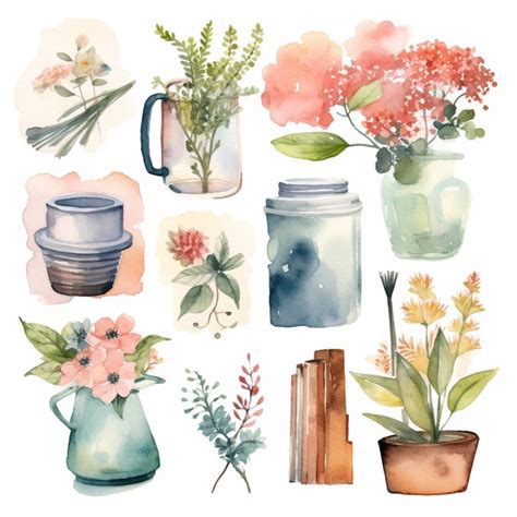 Premium Photo There Are Many Different Watercolor Flowers In Vases