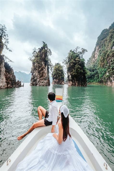 Couple Riding A Long Tail Boat To Khao Sok National Park Phang Nga