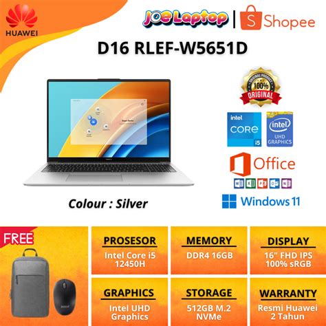 Jual Huawei Matebook D16 RLEF-W5651D Silver i5 12450H Win11 OHS ...