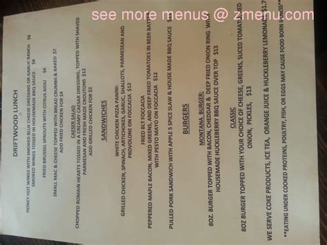 Online Menu of The Driftwood Bar & Bistro Restaurant, Cameron, Montana, 59720 - Zmenu