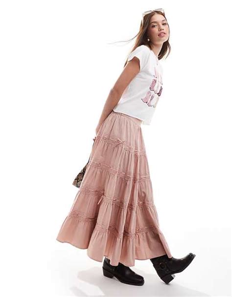 Miss Selfridge Tiered Ribbon Trim Insert Prairie Maxi Skirt In Pink Asos