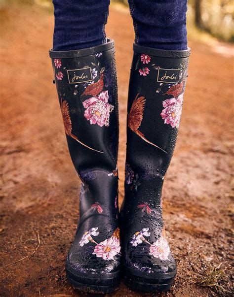 Joules Printed Womens Rain Boots- Black Woodland Floral | Cute rain ...