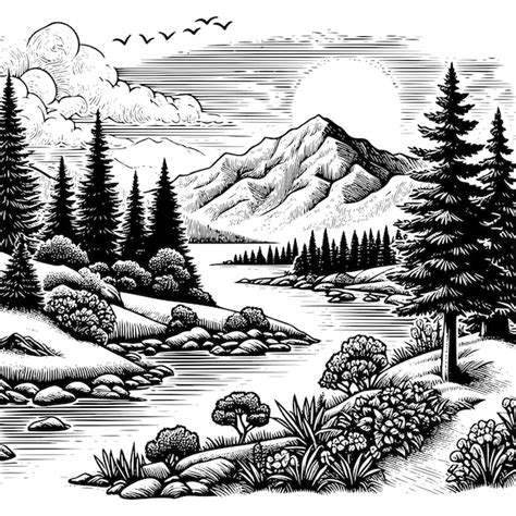 Nature Landscape Drawing Black and White Line Art | Premium AI ...