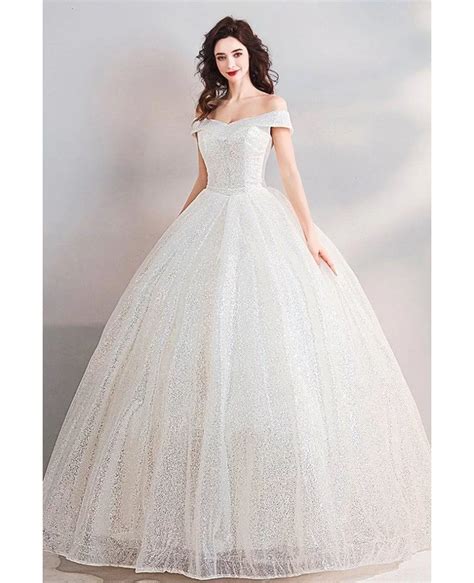 Dreamy Sparkly Sequin Princess Ball Gown Wedding Dress Off Shoulder