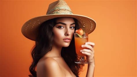 Premium Ai Image A Woman In A Hat Holds A Cocktail In Front Of An