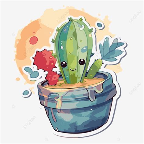 Cute Cactus In Pot Sticker Design Clipart Vector Sticker Design With