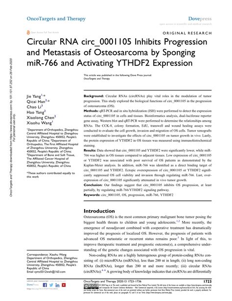 PDF Circular RNA Circ 0001105 Inhibits Progression And Metastasis Of