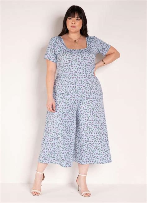 Macac O Floral Azul Pantacourt Plus Size Marguerite