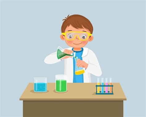 Premium Vector Little Boy Scientist Mixing Chemical Liquid In Flasks