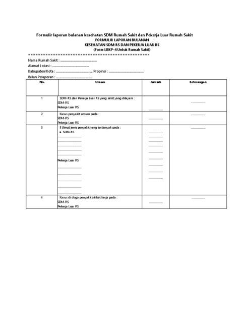 Format Formulir Laporan Bulanan Dan Tahunan Kesehatan Sdm Rumah Sakit Dan Pekerja Luar Rumah