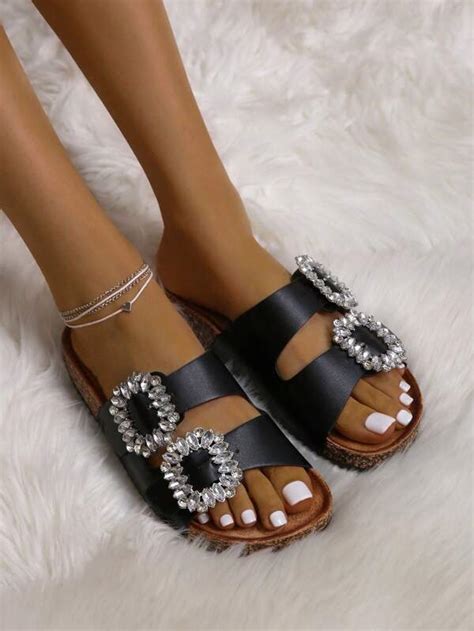 Women Rhinestone Decor Slide Sandals Glamorous Outdoor Footbed Sandals Shein Usa