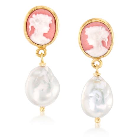 Italian Mm Cultured Baroque Pearl Cameo Drop Earrings In Kt Gold