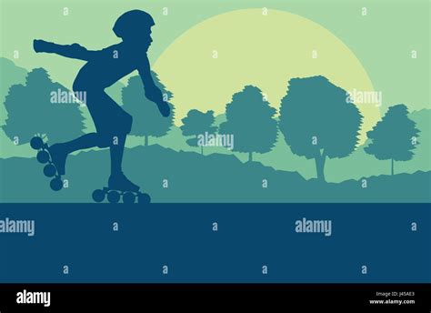 Inline Skate Kid In Park Landscape With Forest Trees Vector Background