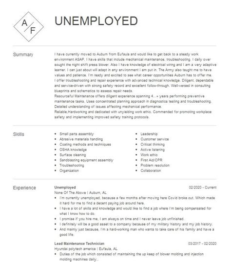 Unemployed Resume Example