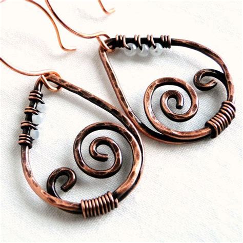 Antiqued Copper Teardrop Earrings Hammered Jewelry Spiral Dreamland