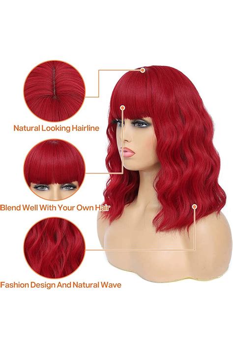 Nisefecto Short Red Wavy Wig With Bangs For Women Cosplay Costume