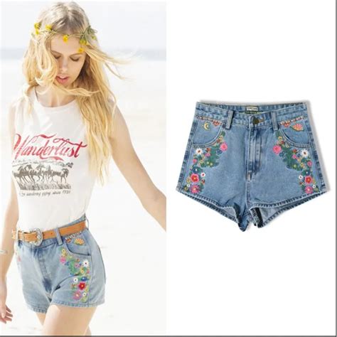 Bohemian Embroidery Jeans Shorts Women High Waist Denim Shorts Summer