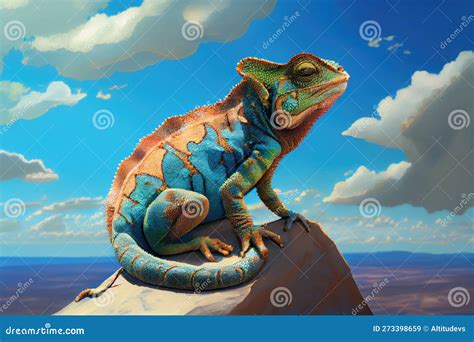 Chameleon Basking In The Sun With View Of Blue Sky And Clouds Stock