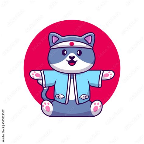 Vetor De Cute Cat Wearing Japanese Costume Cartoon Vector Icons