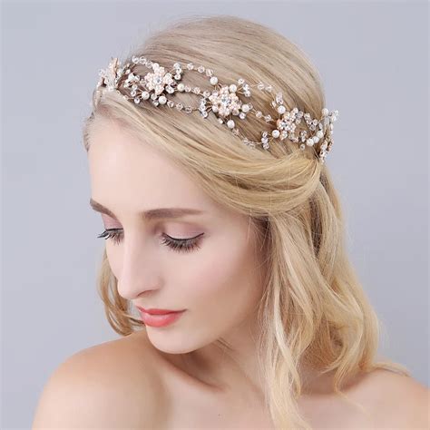 Vintage Golden Planted Rhinestone Crystal Pearl Headband Bridal