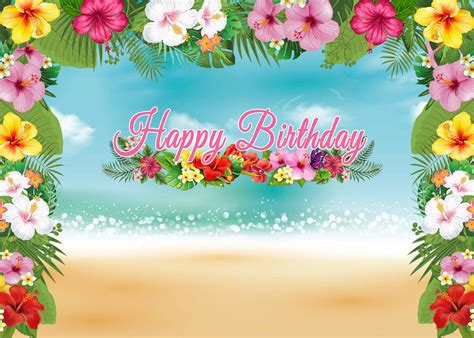 Happy Birthday Floral Studio Backdrop 7x5ft Vinyl Hawaii Beach Photo