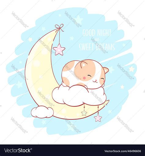 Cute fat cat sleeping on cloud inscription good Vector Image