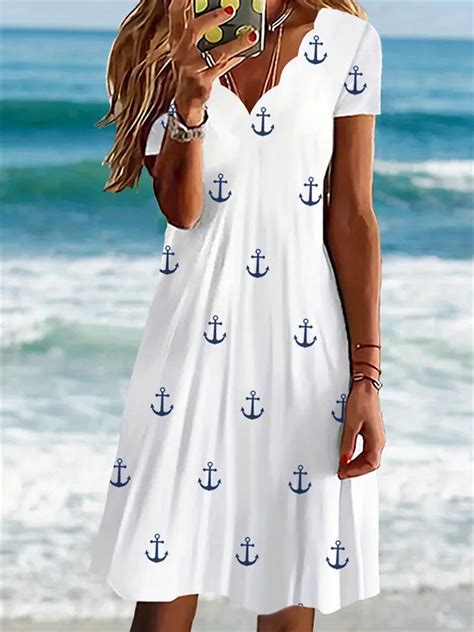 Plus Size Casual Dress Womens Plus Anchor Print Floral Trim Temu