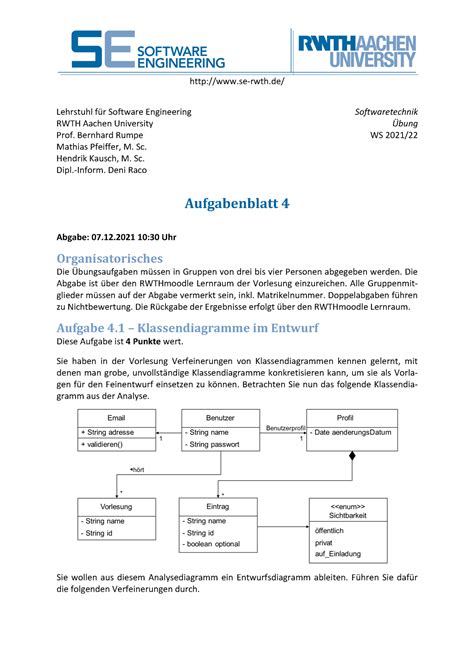 Uebungsblatt 04 alt test work se rwth Lehrstuhl für Software